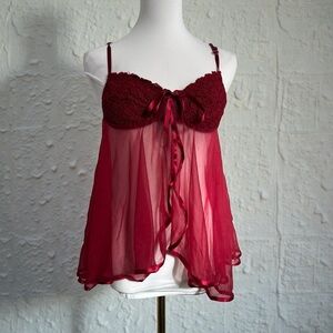Burgundy Lace & Sheer Chiffon Babydoll Lingerie Top w Satin Bow S
